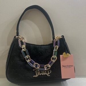 Juicy Couture Mini Black Pochette Handbag with Gold and Purple Chain.
